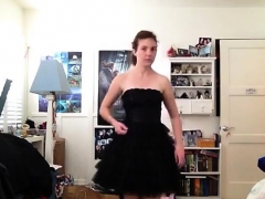 Girl in dress strips to show her thick bush